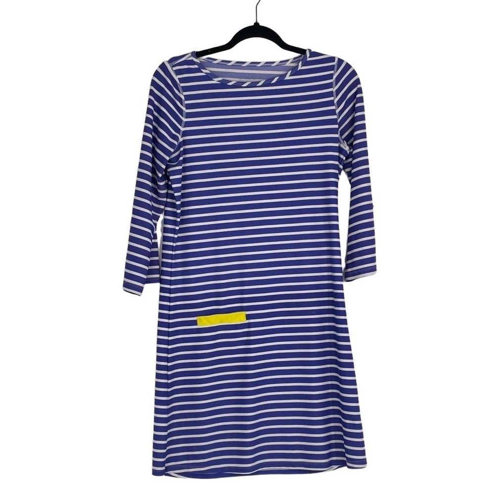Cabana Life Blue White Striped 3/4 Sleeve Preppy Shift Dress Pocket Medium